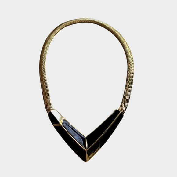 TRIFARI Black and Gold Geometric Choker Slinky Chain Bold Bib Collar - Picture 1 of 6